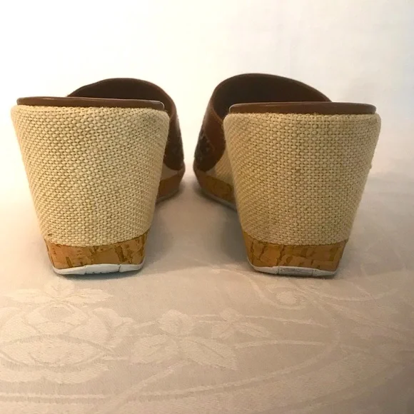 Brighton Moira Caramel Calf Leather with Natural Linen Wedge Sandals 7 1/2 Med - Picture 6 of 12